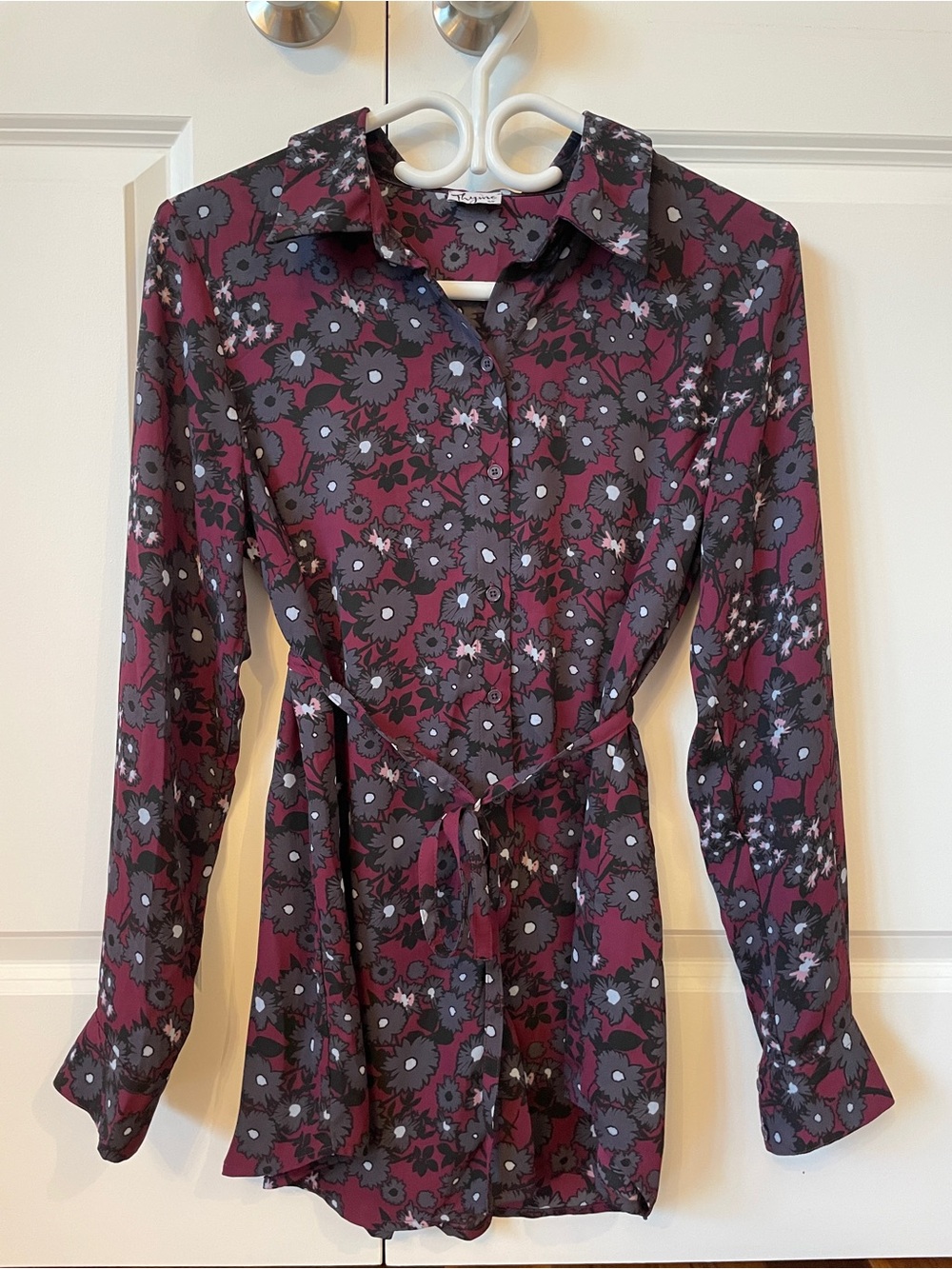 Floral Button-Down Shirt Dress with Self-Tie Waist - Burgundy Floral